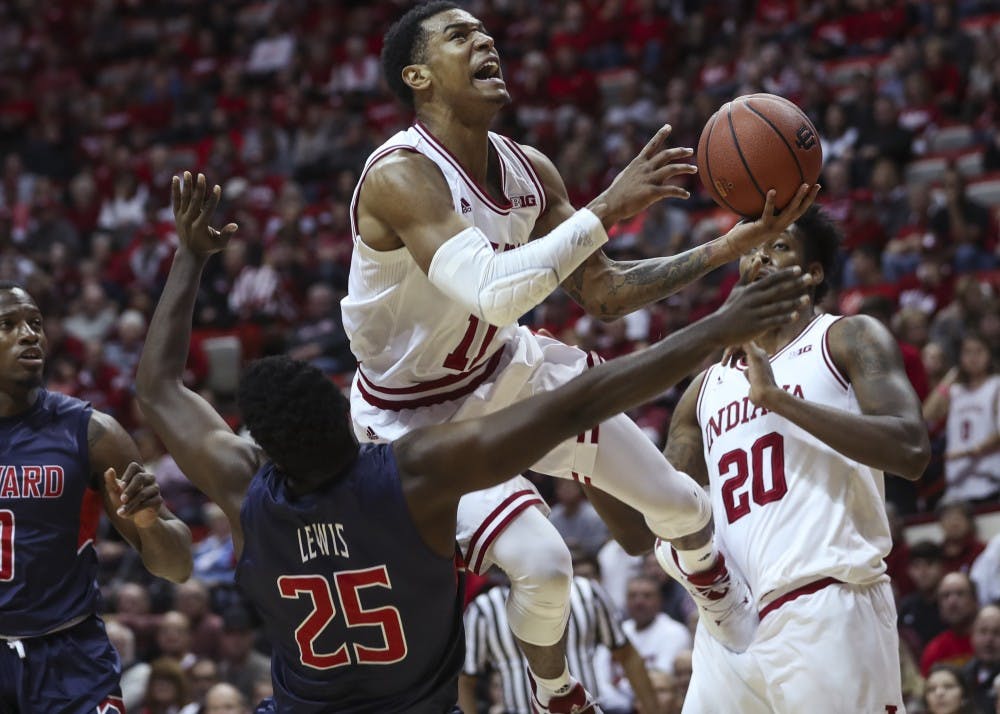 Sophomore guard Devonte Green attempts a layup during Indiana's game against Howard University on Sunday. The Hoosiers' beat Howard 86-77.&nbsp;