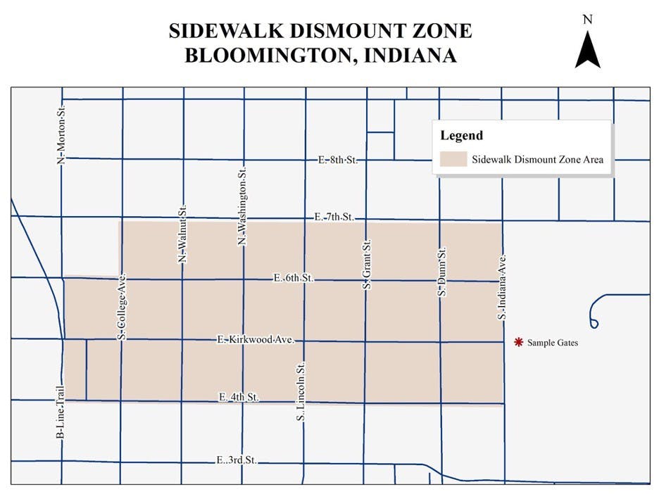 This map depicts the locations in Bloomington where sidewalk riding is prohibited. Bicyclists may dismount and walk their bikes or they may still ride in the street.