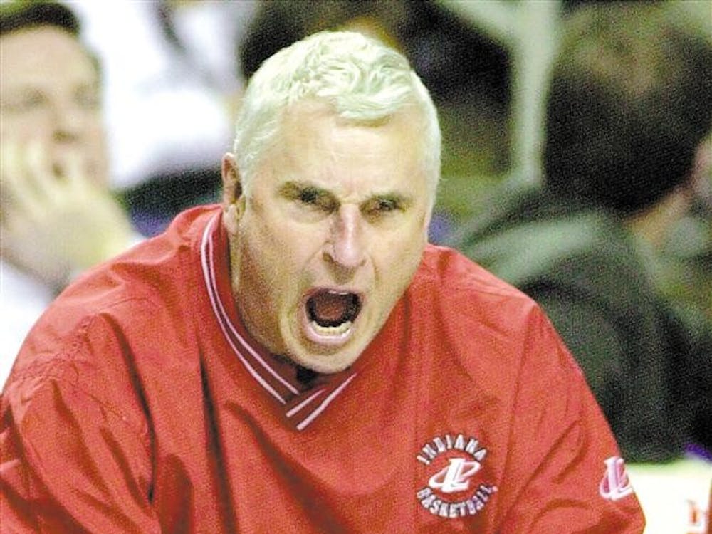 Indiana head coach Bobby Knight screams at his players during the waning minutes of their team's 77-57 loss to Pepperdine in the first round of the 2000 East Regionals of the NCAA Tournament. 