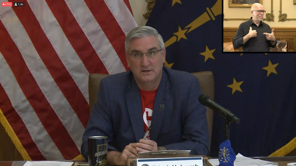 Indiana Gov. Eric Holcomb speaks Sept. 23 during a livestreamed meeting. Holcomb announced the state will move forward to Stage 5 of the Back on Track reopening plan Sept. 26.
