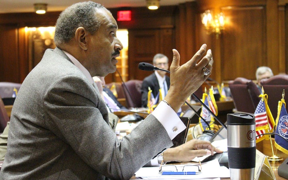 Rep. Vernon Smith, D-Gary, questions testifiers of the&nbsp;Senate Bill 407&nbsp;at a House education committee hearing on Tuesday. The bill would&nbsp;require information regarding the number of teachers who participate in their school district’s union to be published on the Indiana Education Employment Relations Board website.