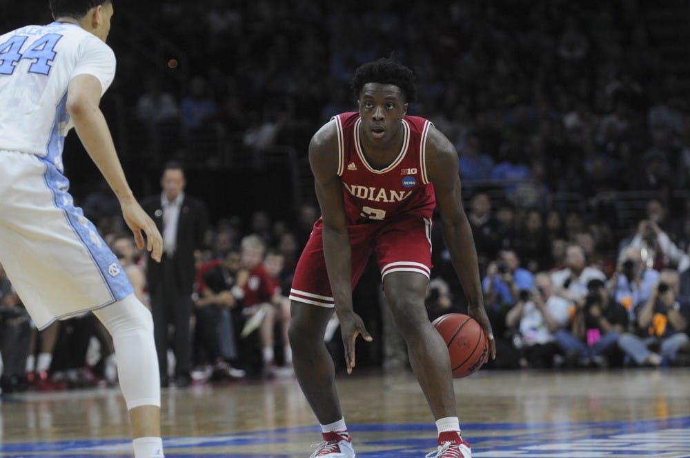 Freshman forward OG Anunoby looks for an opening in the North Carolina defense during the Sweet 16 game on Friday at the Wells Fargo Center. Indiana lost 101-86.