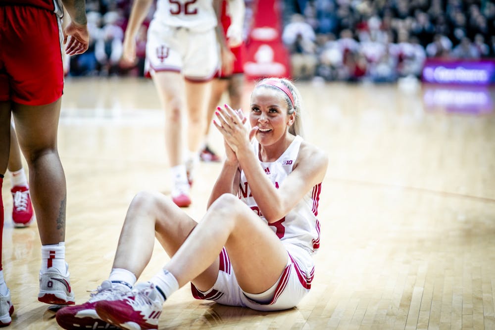 <p>Junior guard Sydney Parrish celebrates a foul call Jan. 26, 2023, at Simon Skjodt Assembly Hall in Bloomington. The Hoosiers beat Ohio State 78-65.</p>