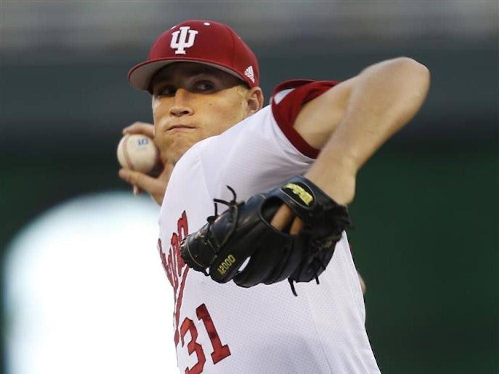 Sophomore starter Aaron Slegers pitches during Thursday night's game against Minnesota in the Big Ten Tournament at Target Field in Minneapolis. Slegers and the Hoosiers defeated the Gophers 4-2 en route to their Big Ten Tournament Championship crown.