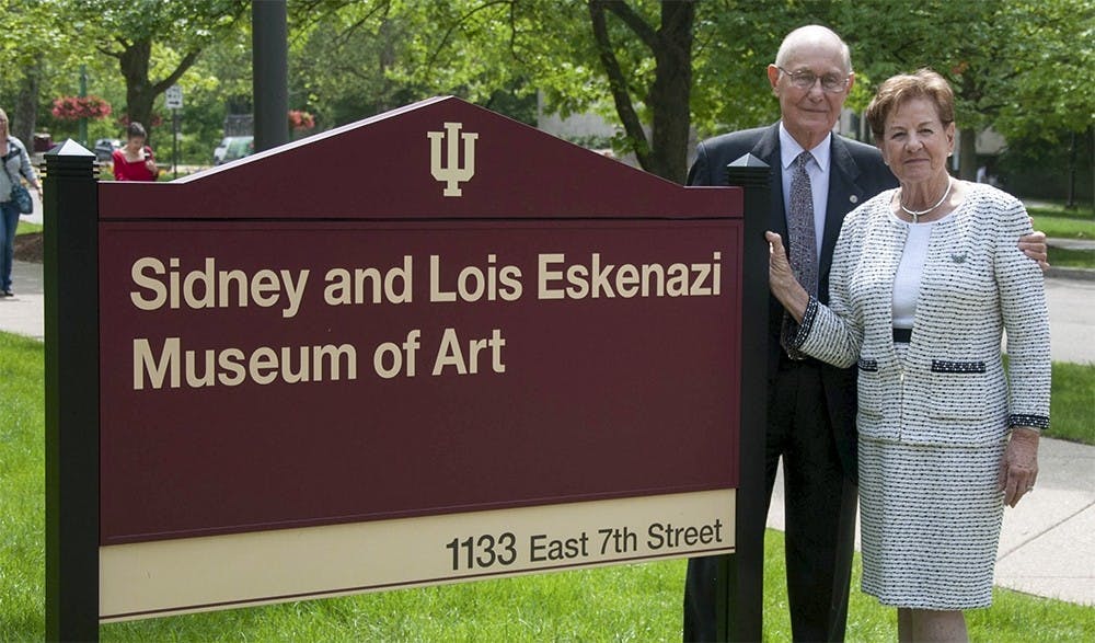 Sidney Eskenazi, left, and Lois Eskenazi unveils the new sign of the Indiana University Art Museum on Wednesday outside the IU Art Museum.The Eskenazi donated 15 millions dollars to the IU At Museum.