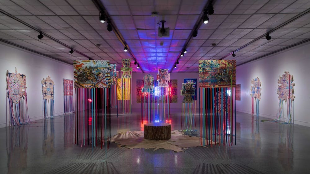 The ‘Blanket Songs’ installation is pictured at the Grunwald Gallery of Art. The exhibit features contemporary indigenous artist John Hitchcock. 