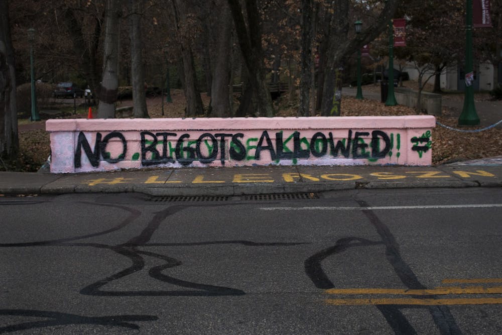 <p>One side of the bridge crossing Jordan Avenue near the Neal-Marshall Black Culture Center was painted to say, “No Bigots Allowed” sometime in the night between Nov. 20-21, 2019. The message is in response to Kelley School of Business professor Eric Rasmusen retweeting an article on Twitter stating women are “destroying academia.”<br/></p>