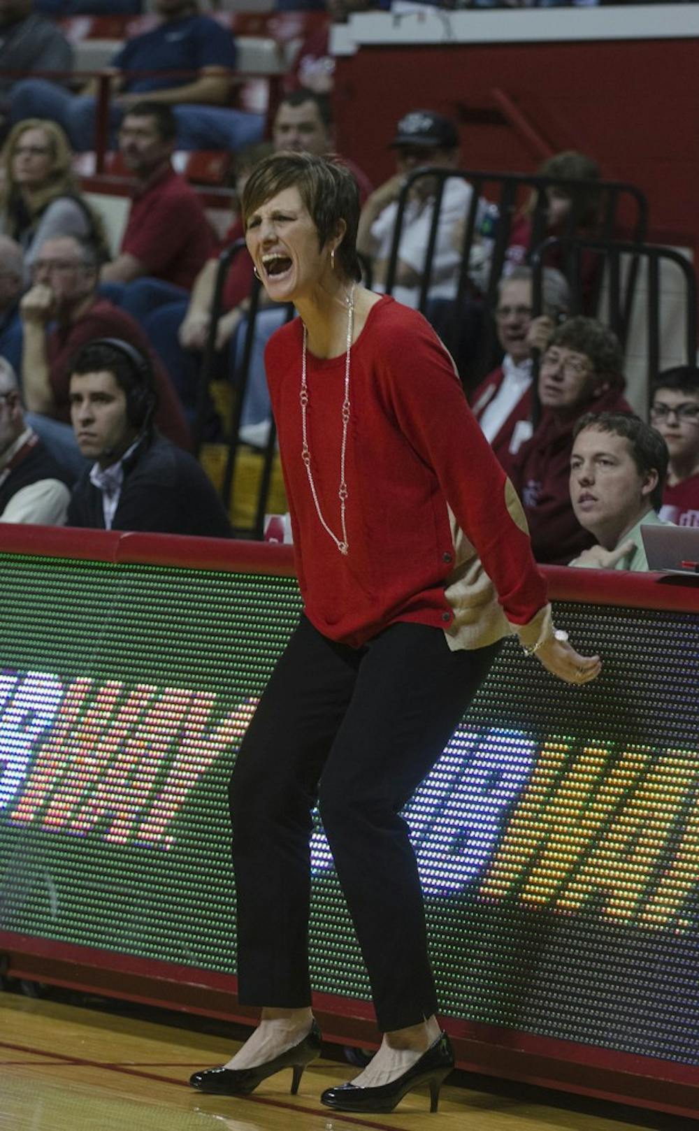 Head Coach Teri Moren yells from the sideline following a missed rebound against Wisconsin on Jan. 11, 2015, at Assembly Hall. The Hoosiers won 69-52.