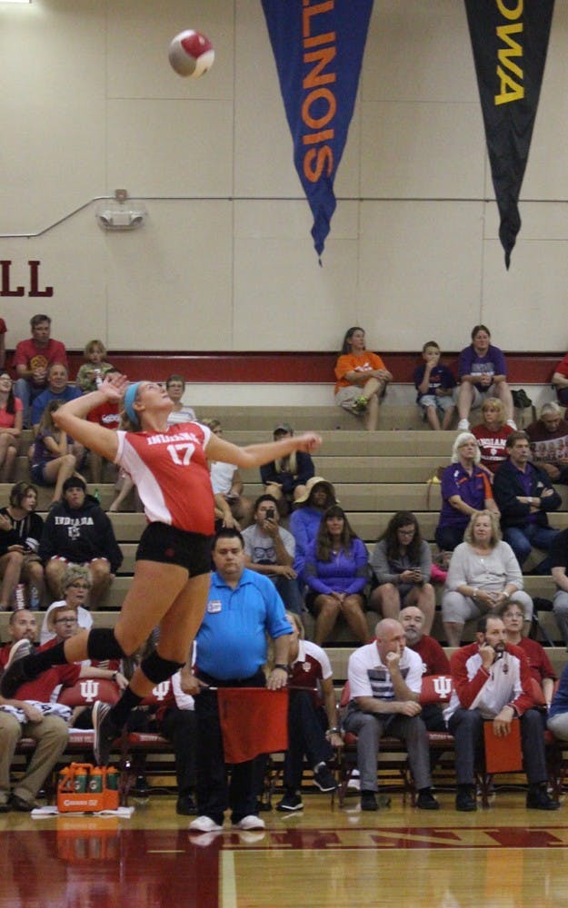 Kendall Beerman serves the ball in game two of the total three Saturday afternoon against against Evansville during the IU Volleyball game Saturday afternoon at University Gym.