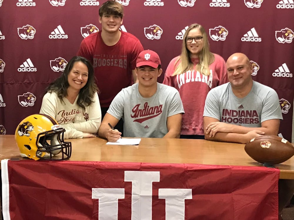 <p>Freshman tight end Aaron Steinfeldt at his Letter of Intent signing day on Dec. 16, 2020, at Bloomington High School North. Steinfeldt was a three-sport athlete in high school before coming to Indiana.</p>