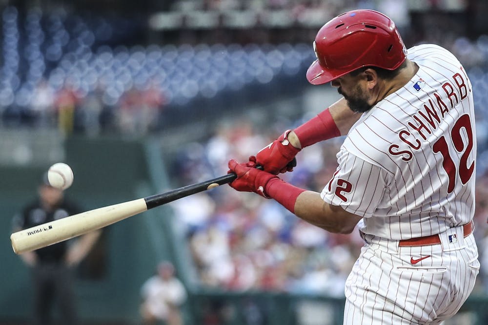 <p>Kyle Schwarber, Philadelphia Phillies&#x27; baseball player, hits his second home run of the game against the Nationals during the 3rd inning at Citizens Bank Park on July 5, 2022, in Philadelphia. </p>