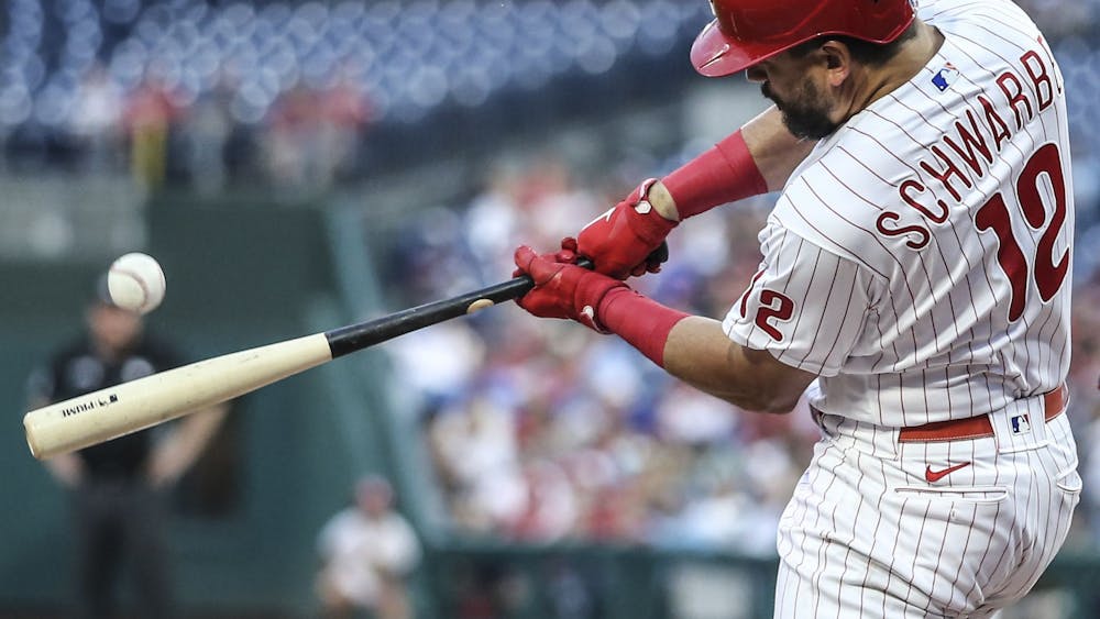Kyle Schwarber, Philadelphia Phillies&#x27; baseball player, hits his second home run of the game against the Nationals during the 3rd inning at Citizens Bank Park on July 5, 2022, in Philadelphia. 