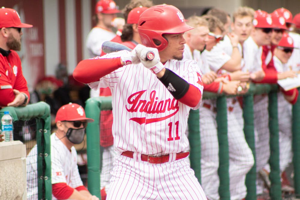 <p>Redshirt Senior Catcher Collin Hopkins stands in the batter’s box during a game against Minnesota on April 23. IU dropped two of three in the weekend series against Michigan.</p>