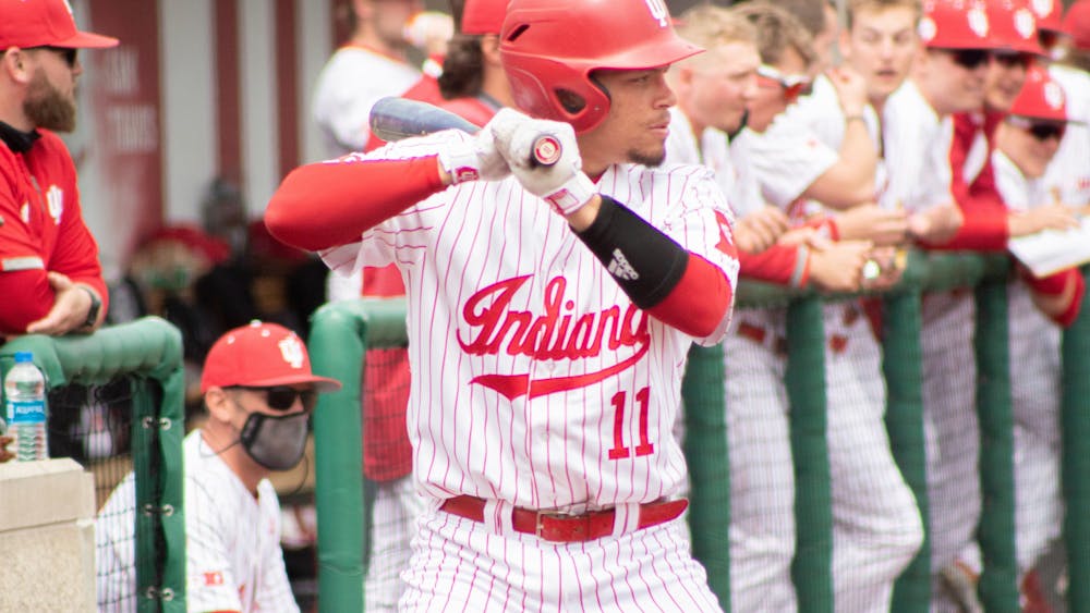 Redshirt Senior Catcher Collin Hopkins stands in the batter’s box during a game against Minnesota on April 23. IU dropped two of three in the weekend series against Michigan.