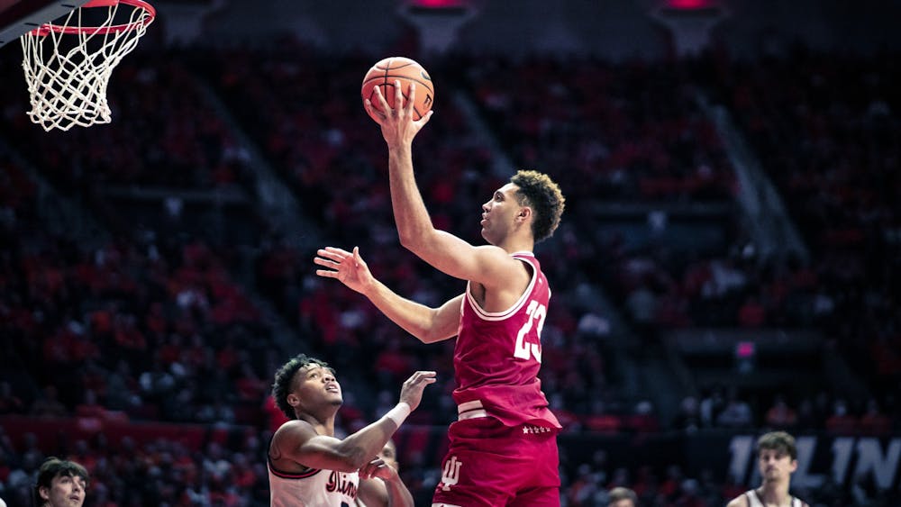Senior forward Trayce Jackson-Davis puts up a shot Jan. 19, 2023 at Assembly Hall in Champaign, Illinois. The Hoosiers beat Illinois 80-65.