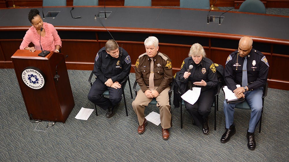 Representatives from the City of Bloomington Police Department, Monroe County Sheriff's office, Indiana University Police department and Indiana State Police Department sat down with local residents to discuss law enforcement in Bloomington at the Council Chambers of City Hall on Thursday night.