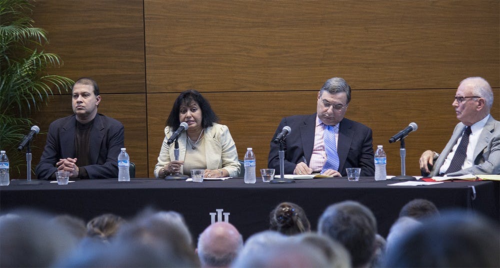 A panel discusses the nuclear deal with Iran for a packed auditorium in the School of Global and International Studies on Tuesday night.