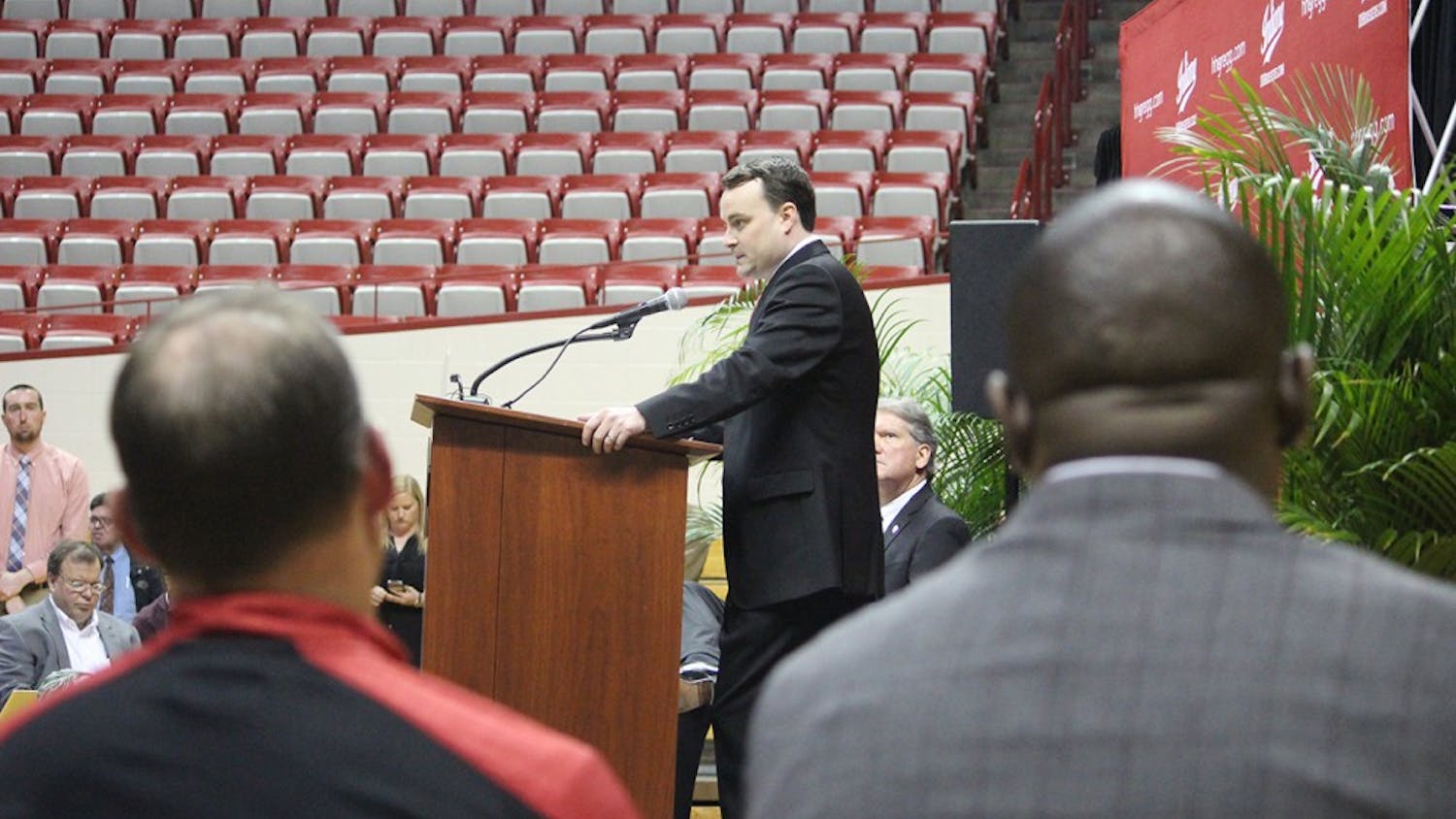 IU head football coach Tom Allen looks on as new men's basketball coach Archie Miller speaks. Allen and Miller will both have their first full seasons as head coaches of their programs&nbsp;in 2017.