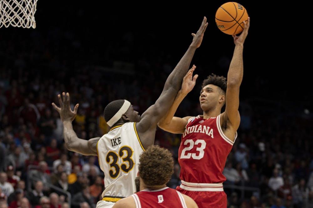 <p>Junior Trayce Jackson-Davis lays up the basketball against Wyoming on March 16, 2022, at the University of Dayton Arena in Dayton, OH. Jackson-Davis led the team with 29 points in the win over Wyoming in the First Four round of the NCAA tournament .</p>