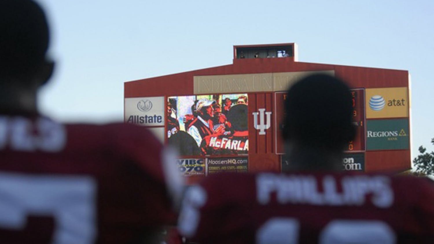IU football players watch a video commemorating Coach Terry Hoeppner before playing Indiana State at Memorial Stadium to begin the 2007 season. IU won 55-7 in its first game since Hoeppner's death. 