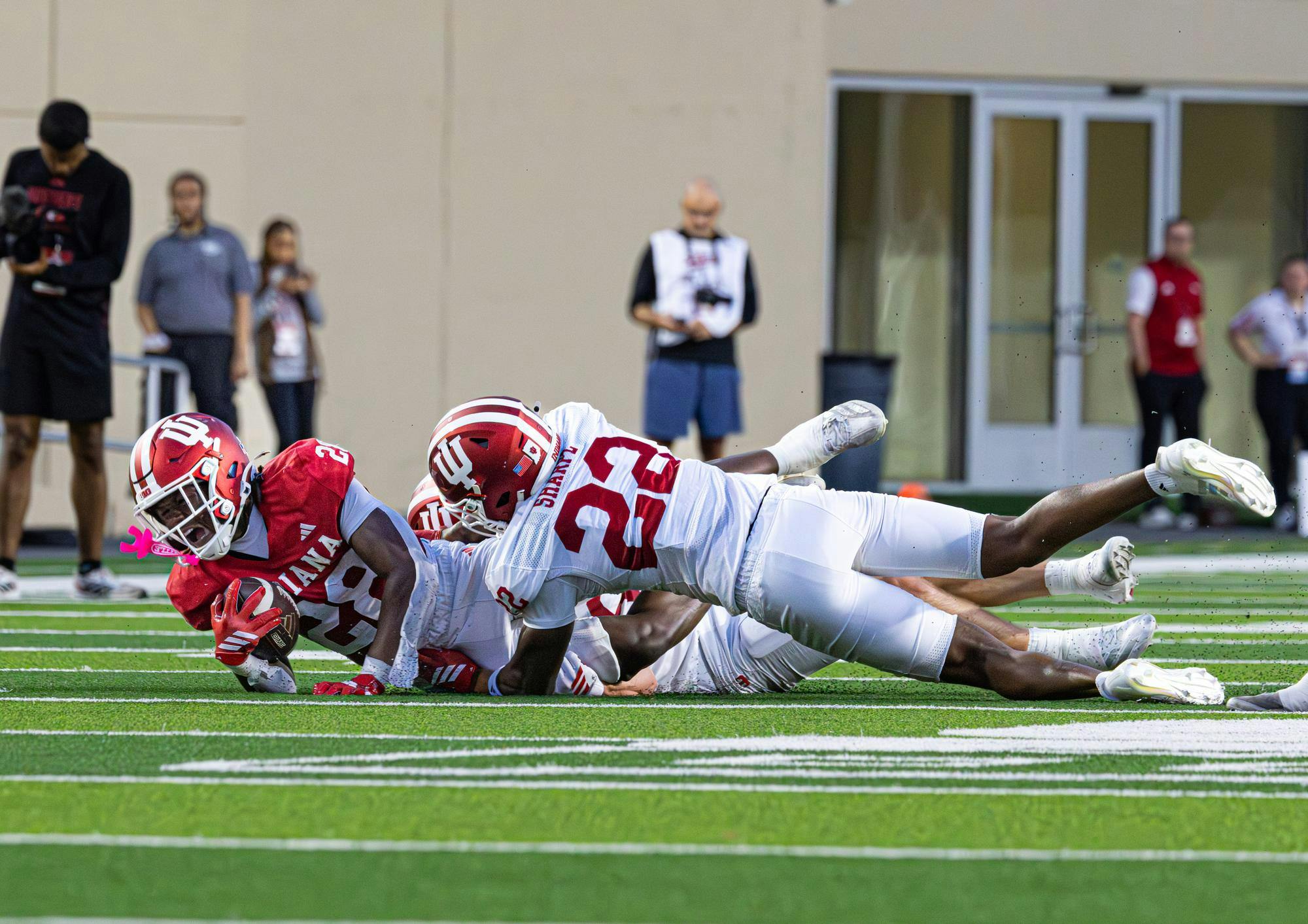 Redshirt Sophomore running back Khobie Martin gets tackled during Indiana's spring game on April 23, 2026, at Memorial Stadium in Bloomington. Martin had 42 rushing yards against Oregon at the Peach Bowl. 