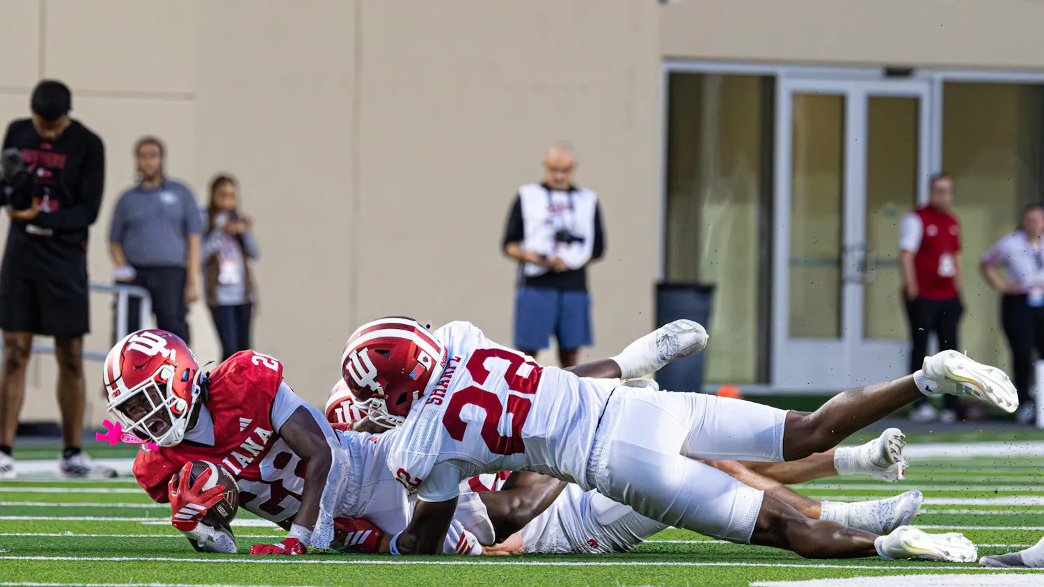 Redshirt Sophomore running back Khobie Martin gets tackled during Indiana's spring game on April 23, 2026, at Memorial Stadium in Bloomington. Martin had 42 rushing yards against Oregon at the Peach Bowl.