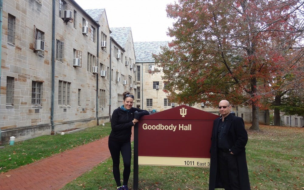 Elliot Sperling, leading Tibet scholar and human rights activist, stands in front of Goodbody Hall, where he taught Tibetan studies courses until leaving IU in 2015. Beside him is Sara Conrad,&nbsp;his student of ten years. Sperling died of a heart attack in January 2017.