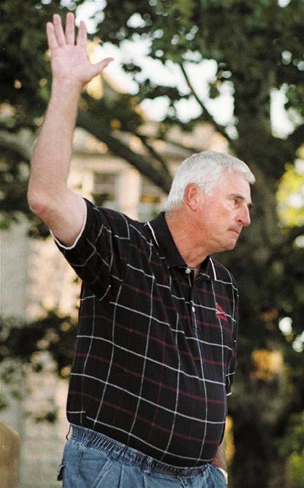 Bob Knight makes his final wave goodbye after asking the student body to bow their heads and wish the best for him and his family in 2008.