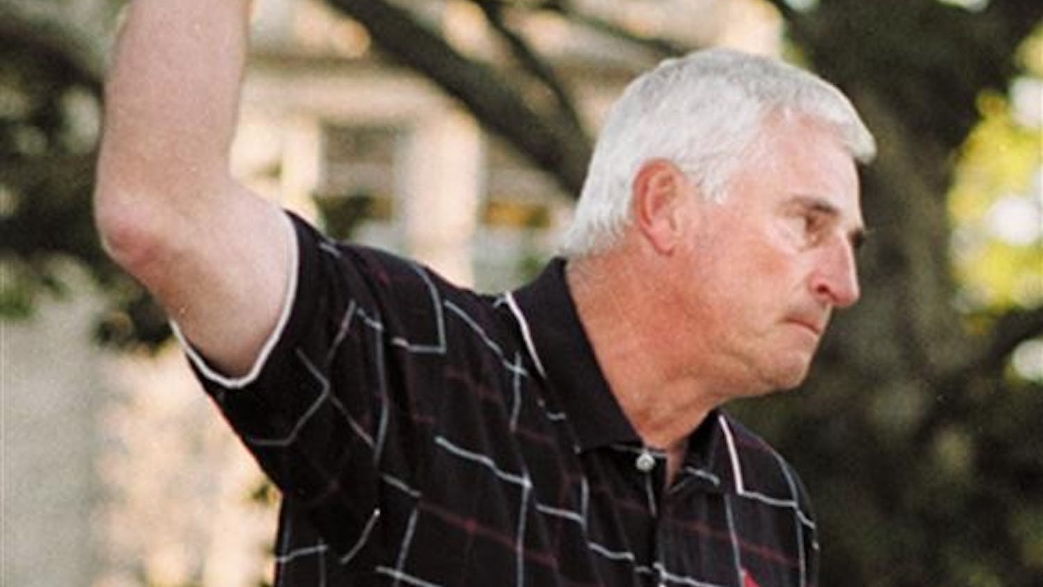 Bob Knight makes his final wave goodbye after asking the student body to bow their heads and wish the best for him and his family in 2008.