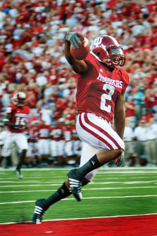 Senior running back Marcus Thigpen scores a touchdown during the Hoosiers' 45-3 win over Murray State on Saturday night at Memorial Stadium.
