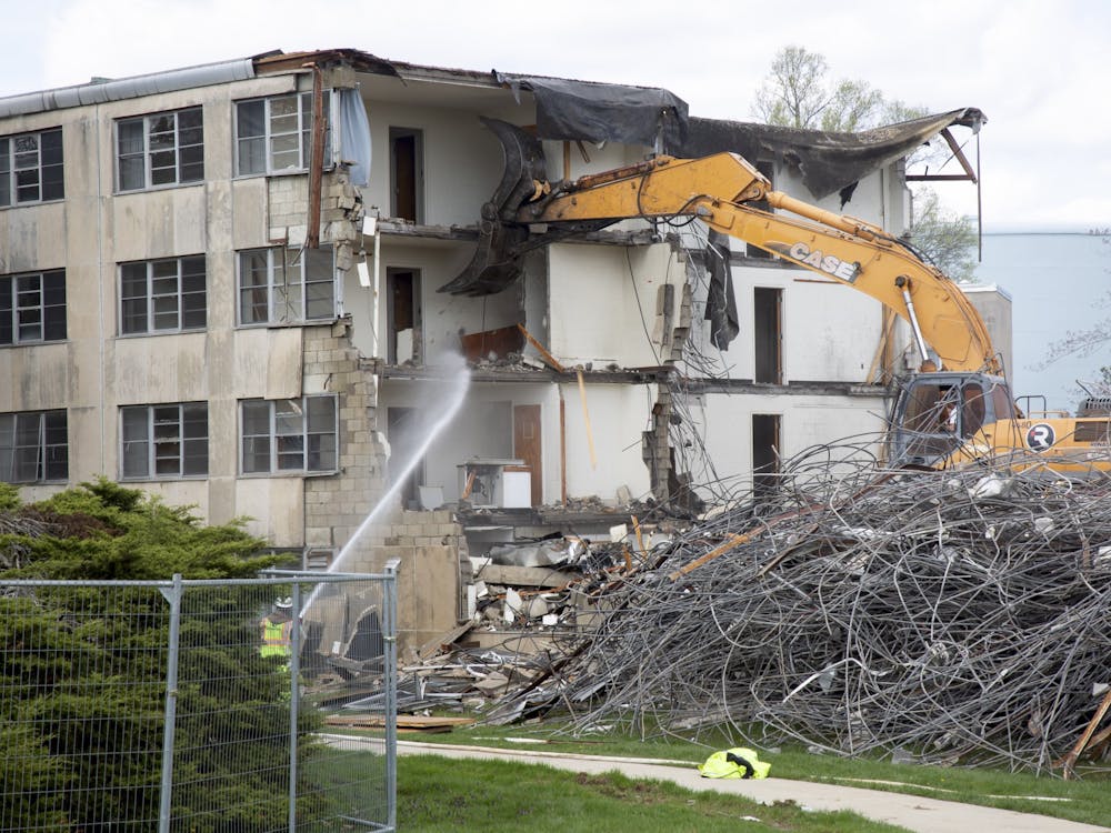 Evermann Apartments are demolished April 19, 2022. The buildings were completed in 1957 to acommodate an influx of married students taking advantage of the GI Bill after the Korean War.