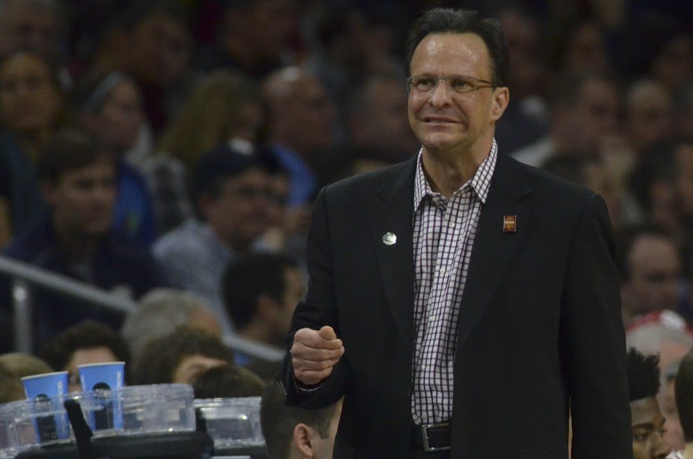 Head Coach Tom Crean grimaces while pacing the sideline against number one seed North Carolina in the Sweet Sixteen round of the NCAA tournament on Friday at the Wells Fargo Center. The Hoosiers lost 101-86.