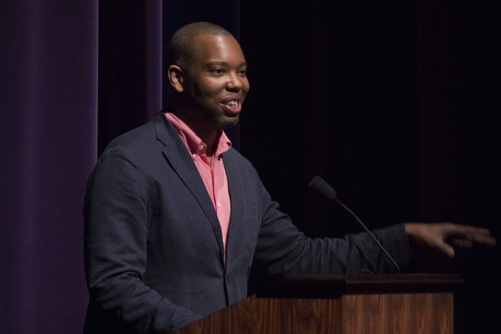 Ta-Nehisi Coates opens his lecture with a joke about the stage's open pit on Friday at the Musical Arts Center. Coates is a writer and journalist who spoke on being black in America, especially following the Ferguson shooting.