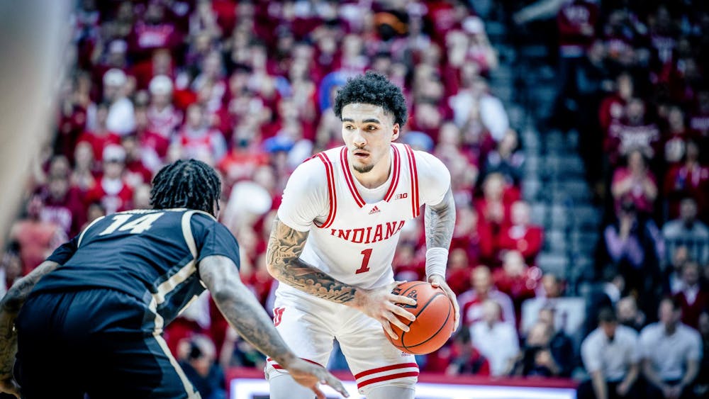 Freshman guard Jalen Hood-Schifino looks to drive to the basket Feb. 4, 2023, at Simon Skjodt Assembly Hall in Bloomington. The Hoosiers beat Purdue 79-74.