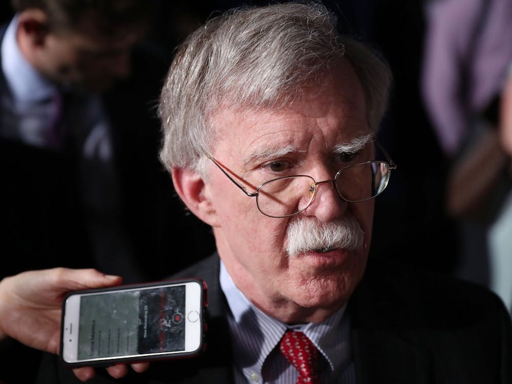 National Security Adviser John Bolton speaks to the media before the arrival of President Donald Trump during a rally Feb. 18 at Florida International University in Miami.