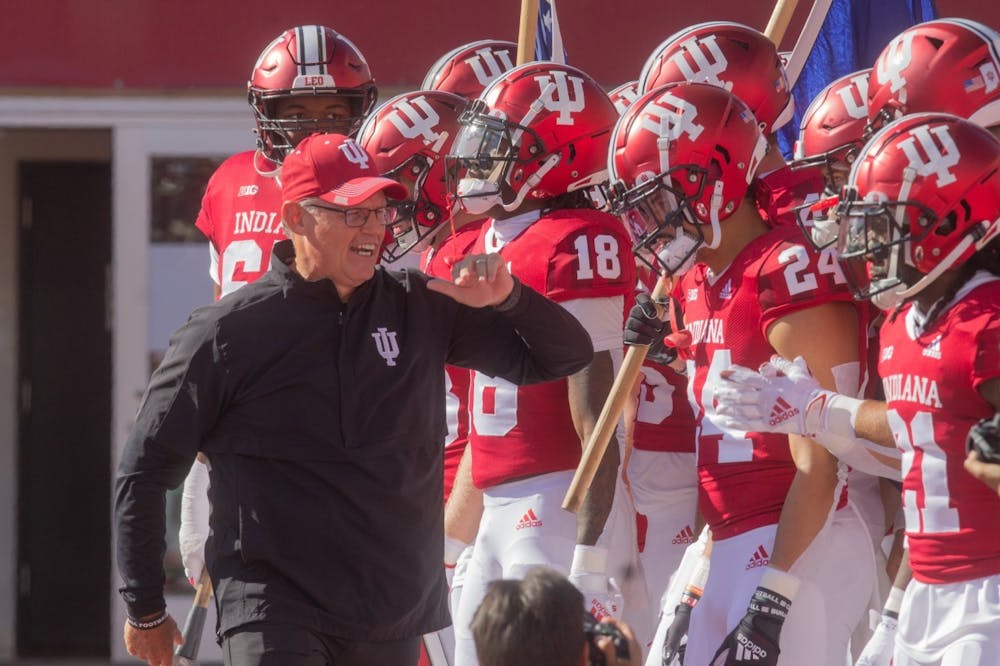 <p>Indiana football head coach Tom Allen instructs the team during the game against Maryland Oct. 15, 2022 at Memorial Stadium. Indiana will play Penn State University at 3:30 p.m. Nov. 5 at Memorial Stadium.</p>