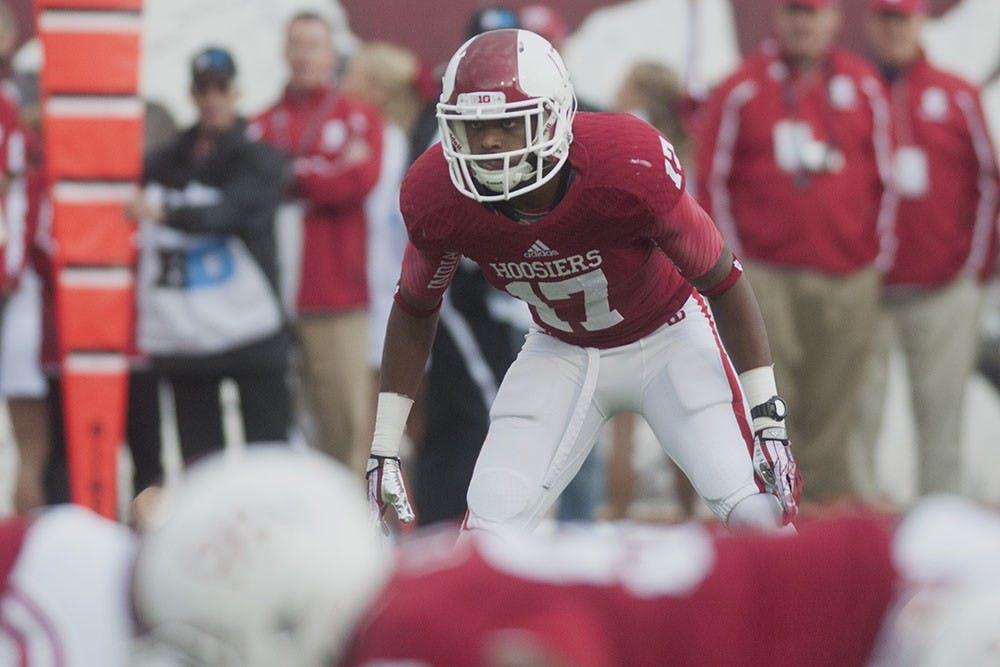 Sophomore cornerback Michael Hunter looks over the line of scrimmage during IU's homecoming game against Minnesota on Saturday at Memorial Stadium.