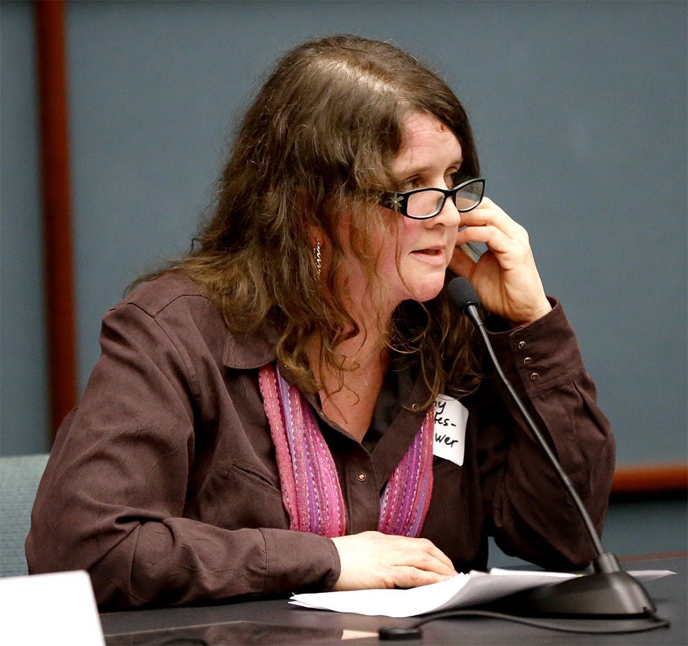 Cathy Fuentes-Rohwer speaks during a panel for Leadership for Social Activism Thursday at City Hall. Fuentes-Rohwer is a chairperson of the Indiana Coalition for Public Education-Monroe County and South Central Indiana. She spoke on how to improve the education system for growing children. 