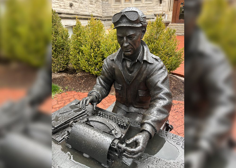 <p>A statue of journalist and Pulitzer Prize winner Ernie Pyle stands outside Franklin Hall May 1, 2023, on IU&#x27;s campus. Ernie Pyle attended IU but dropped out a semester short of graduating.</p>