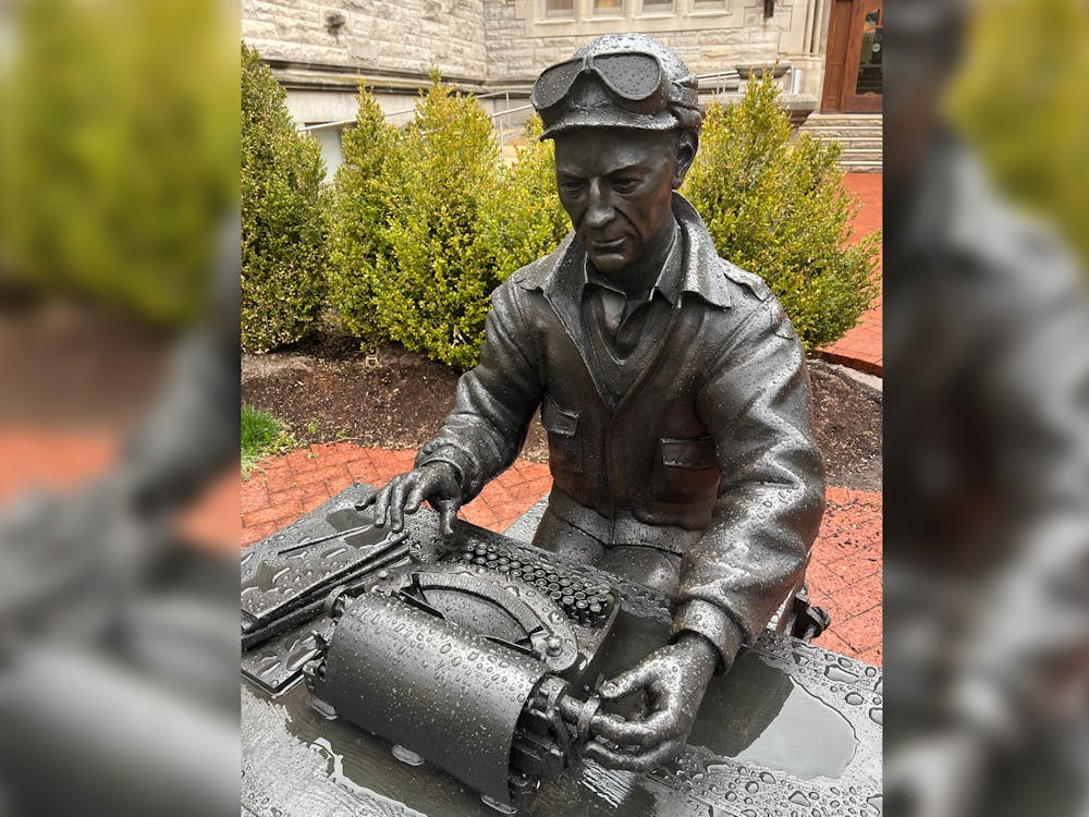A statue of journalist and Pulitzer Prize winner Ernie Pyle stands outside Franklin Hall May 1, 2023, on IU&#x27;s campus. Ernie Pyle attended IU but dropped out a semester short of graduating.