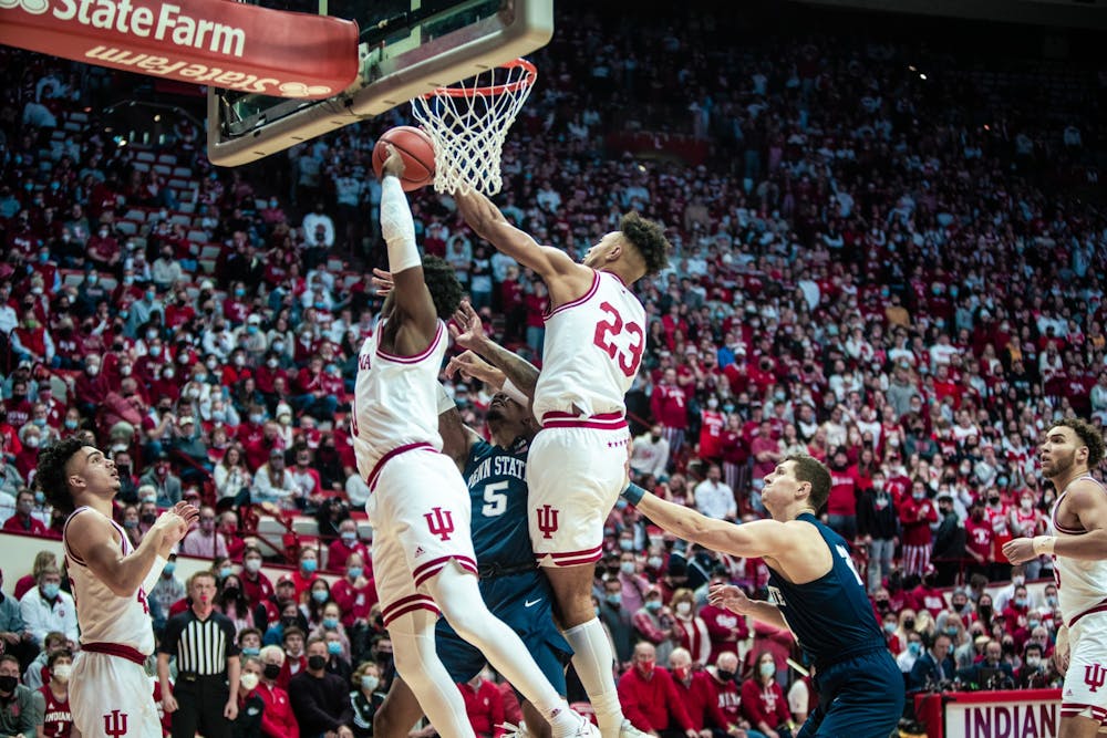 <p>Junior forward Trayce Jackson-Davis blocks a shot during the first half against Penn State on Jan. 26th, 2022 at Simon Skjodt Assembly Hall. Indiana defeated Maryland68-55 on Jan. 29, 2022. </p>