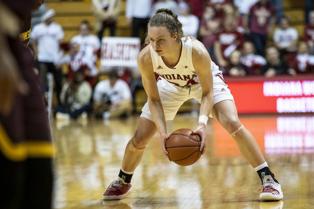 <p>Sophomore Grace Berger watches the court Jan. 27 in Simon Skjodt Assembly Hall.  Berger scored a season-high 25 points during the game.</p>
