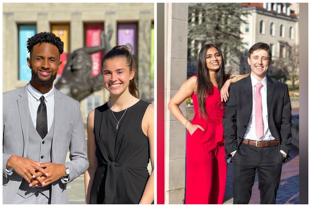 <p>Juniors Ky Freeman and Madeline Dederichs, left, and Juniors Shibani Mody and Carrick Moon, right, pose for headshots. The IU Student Government Election Commission deducted two points from Legacy, Mody and Moon&#x27;s ticket, and four points from Elevate, Freeman and Dederichs&#x27; ticket.</p>