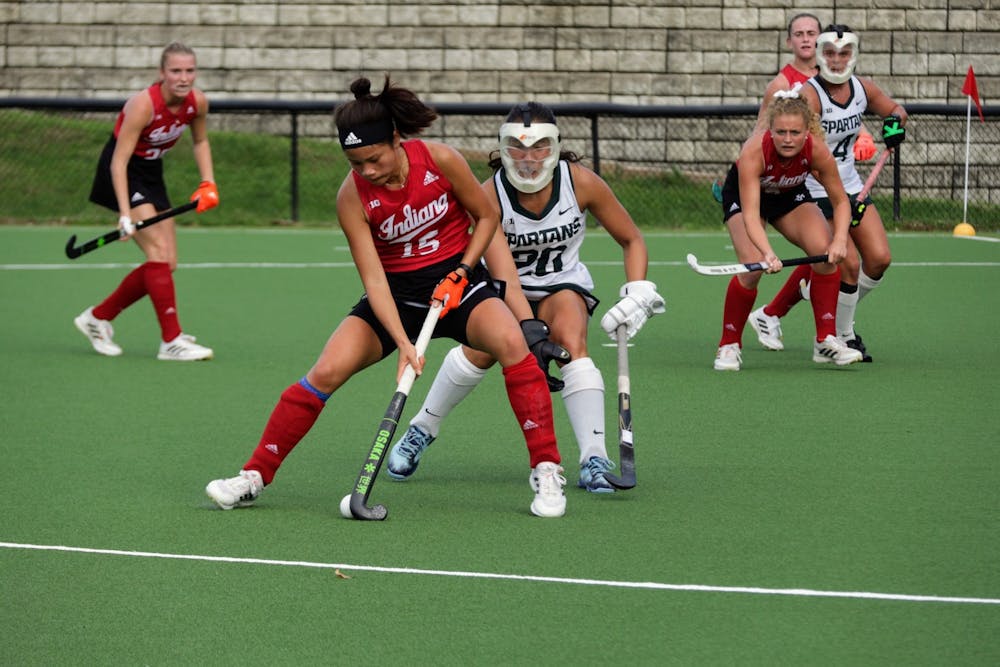 Freshman defender Yip Van Wonderen with the ball during a match against Michigan State University on Oct. 15, 2021, at the IU Field Hockey Complex. Indiana had seven different goal scorers in its 7-1 win against Saint Louis.