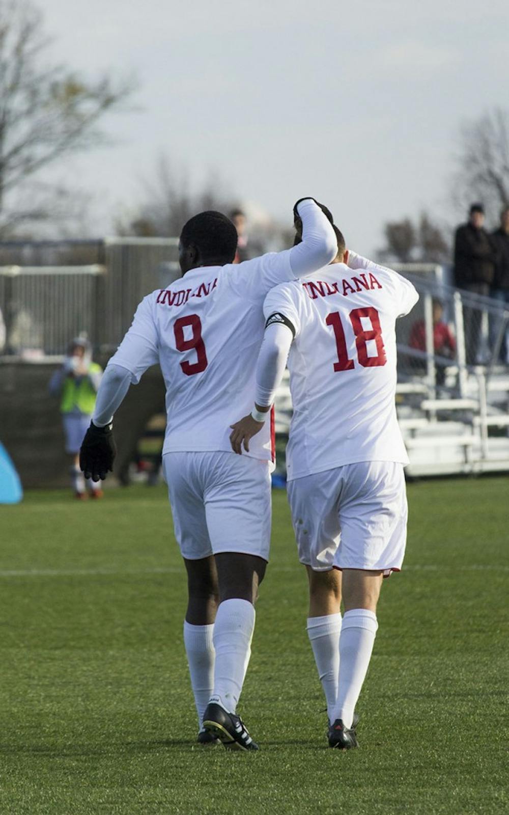 Indiana's Rashard Hyacenth (left) and Richard Ballard (right) during Friday afternoon's 3-4 loss in PKs against Wisconsin at Grand Park.