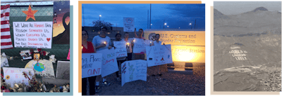 From left to right: A memorial in honor of the victims of the El Paso Walmart shooting; Citizen Presence volunteers stand in protest at Clint Border Patrol Station in Clint, Texas; Ciudad Juárez, Mexico, can be seen from the sky on the flight to El Paso, Texas.