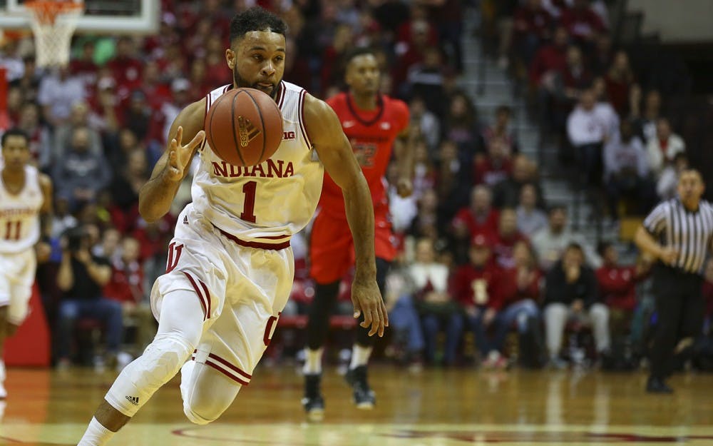 Junior guard James Blackmon Jr. on a breakaway to the Rutgers net.  The Hoosiers beat the Scarlet Knights 76-57 Sunday.       