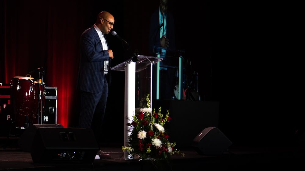 Mike Burton speaks at IU Soul Revue's 50th Anniversary Banquet located at the J.W. Marriott in Indianapolis. 