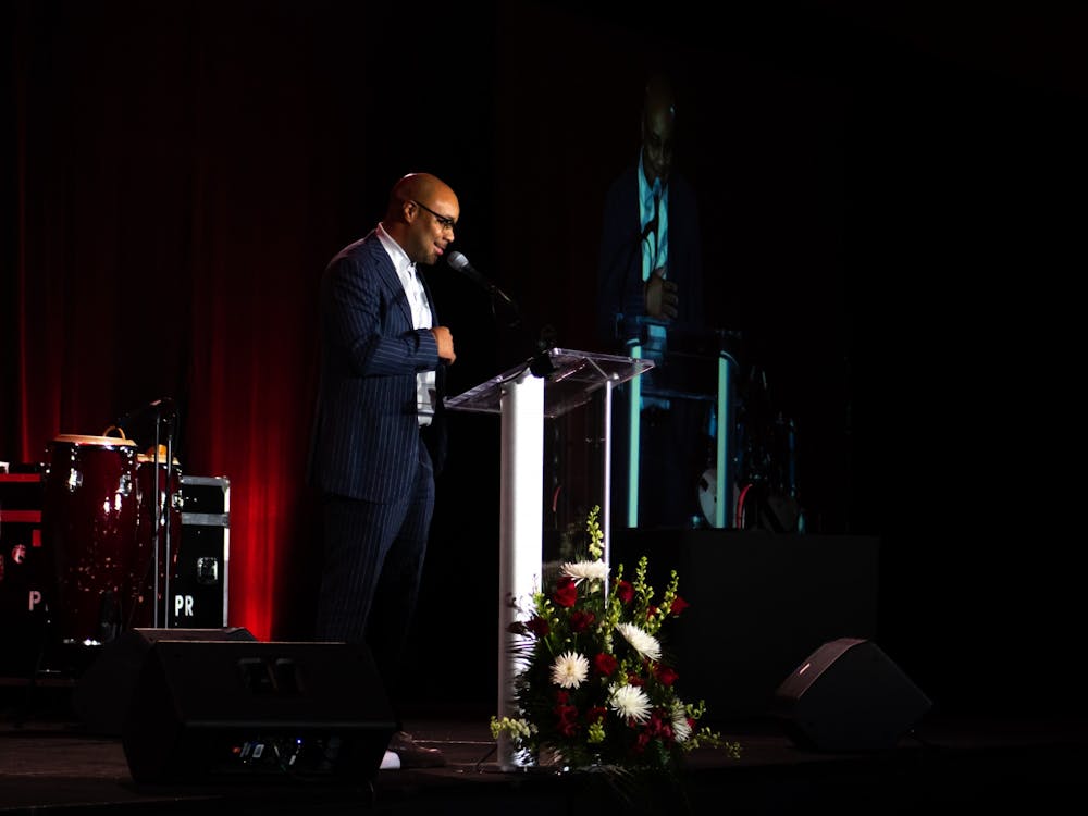 Mike Burton speaks at IU Soul Revue's 50th Anniversary Banquet located at the J.W. Marriott in Indianapolis. 