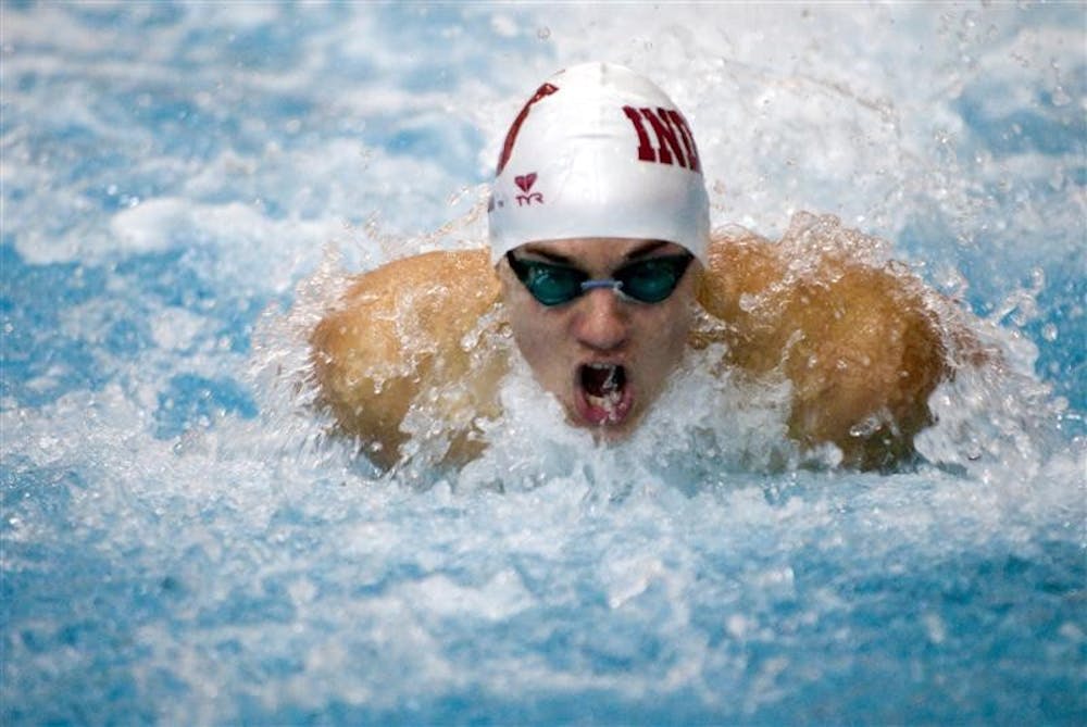 IU sophomore Matthew O'Brien swims butterfly in the 400-yard medley relay Oct. 24 against Northwestern.